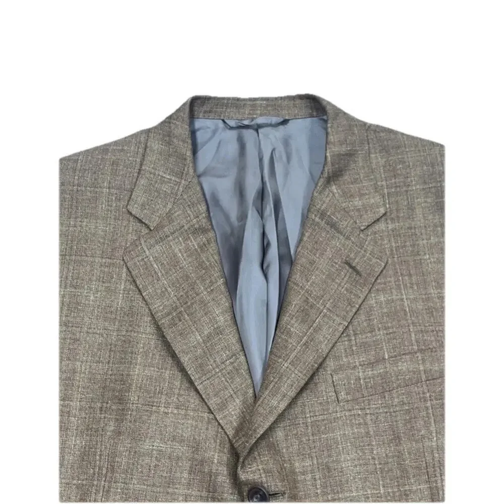 Hickey Freeman Mens Silk Linen Wool Plaid Blazer 44L Brown Sport Coat Jacket